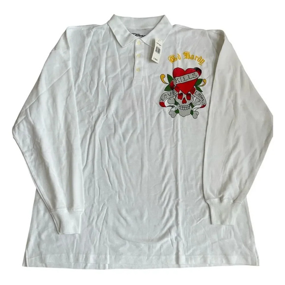 Ed Hardy Men's Y2K Graphic Love Kills Collared Long Sleeve Polo Shirt Sz 3XL NWT - Picture 1 of 11